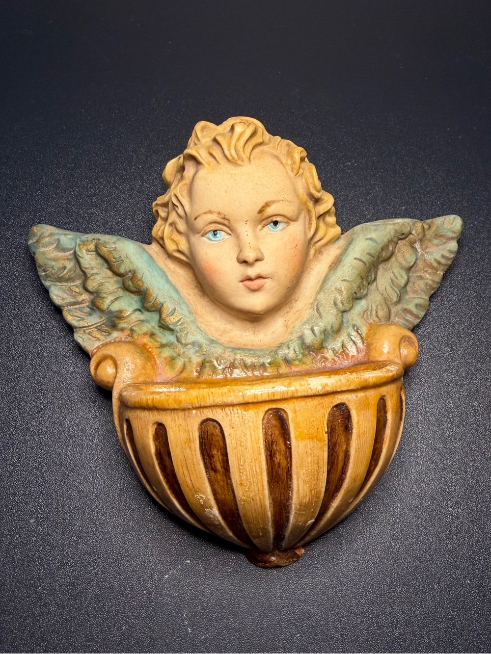 Hand Crafted Italian Chalk Ware Holy Water Font Vintage Cherub Wall Pocket